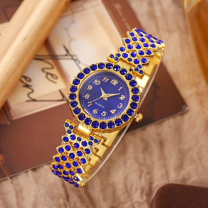 6pcs/Set Luxury Women's Watch And Fashion Jewelry Set, Elegant Blue Rhinestone Quartz Watch Fashion Timepiece Jewelry Set