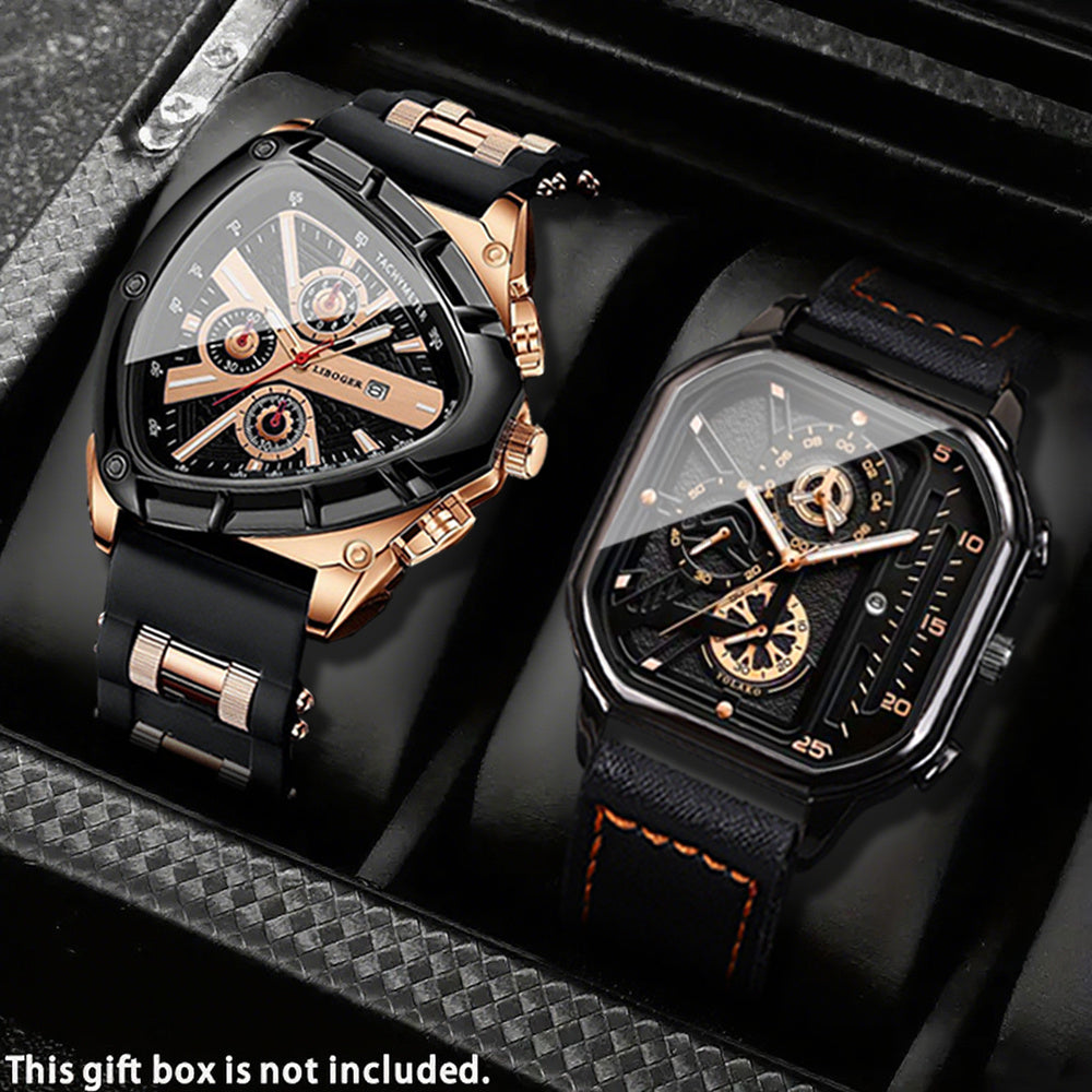 [Valentine's Father's Day Gift] 2pcs/set Luxury Sports Mens Watches For Men With Triangle Dial & Silicone Strap, Chronograph-like, Retro Square Dial & Faux Leather Starp Men Watches, Date Display, Dress Watch For Casual, Valentine's Father's Day Gift, Rel