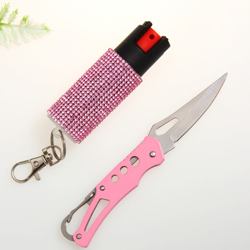 Unisex Safety Keychain Set Including Spray And Mini Pocket Knife, Ideal As Holiday Gifts And Easy for Daily Carry