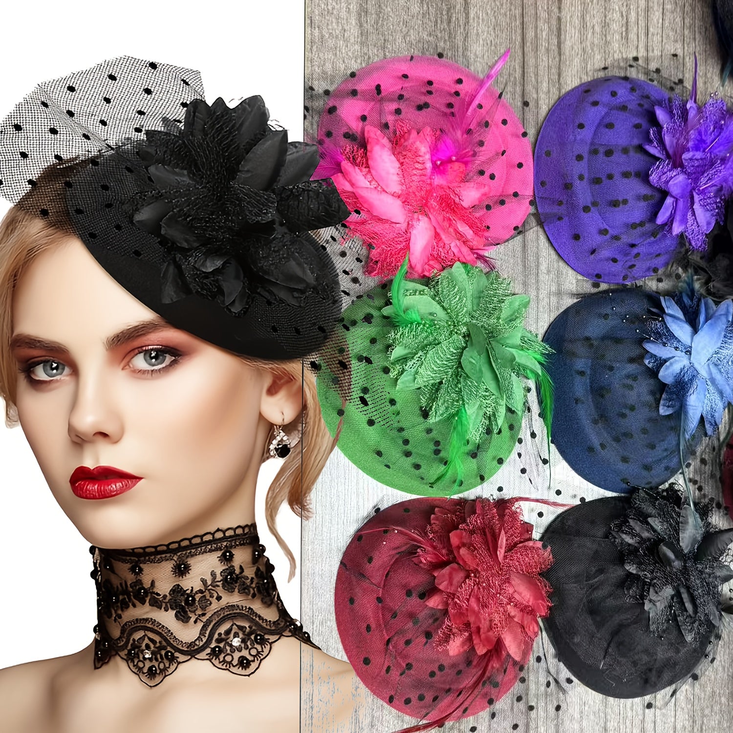 Set of 6 Fascinator Hats for Tea Parties, Featuring Feather Pillbox Design with Clips, Ideal for Women, Includes Veil And Flower, Suitable for Weddings, Churches, And Tea Gatherings, Available in 12 Colors