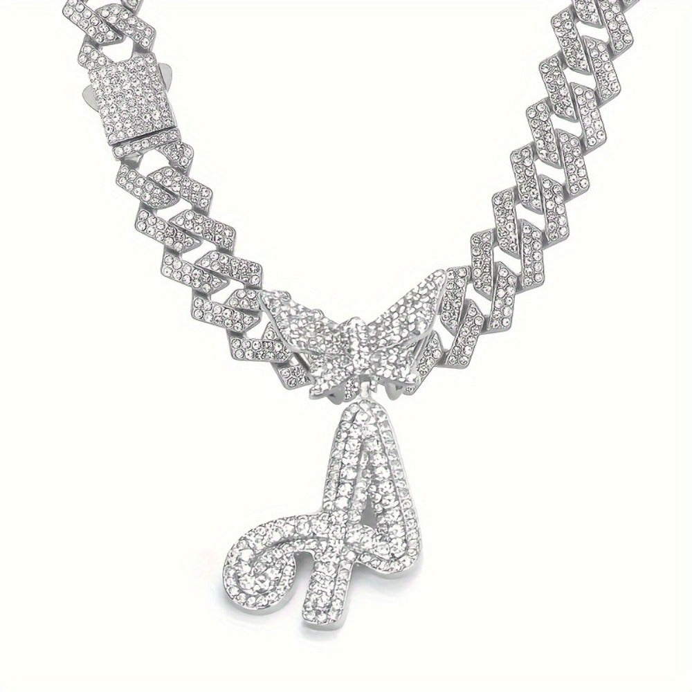 Cuban Link Chain Necklace - Initial Letter for Men Women - with Butterfly Alphabet Pendant A-Z, Gold & - product detail view