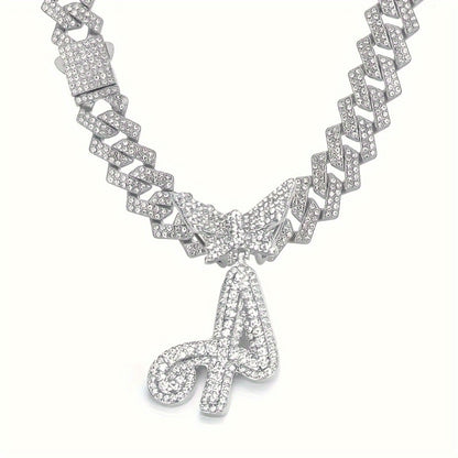 Cuban Link Chain Necklace - Initial Letter for Men Women - with Butterfly Alphabet Pendant A-Z, Gold & - product detail view