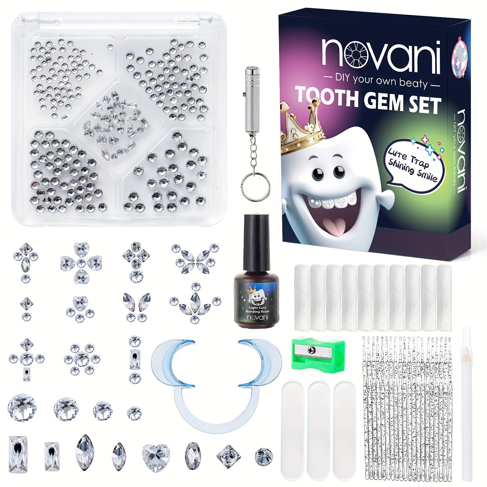 [Professional Tooth Gem Kit] WATRA Professional 260pcs Premium Multi Shaped Artificial Crystal Tooth Gem Kit | 2D Flat, Elegant Flat Back Crystals with Professional Applicator for A Chic, Refined Look, Grillz