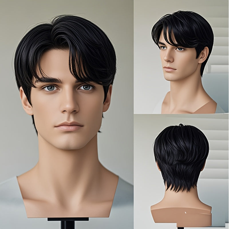 Men' Short Straight Wig Suitable for Halloween Cosplay & Themed Parties - -Looking Layered Hairpiece with No Adhesive Required, Instant Temporary Hairstyle for Role-Play, Daily Wear (No Glue Application)
