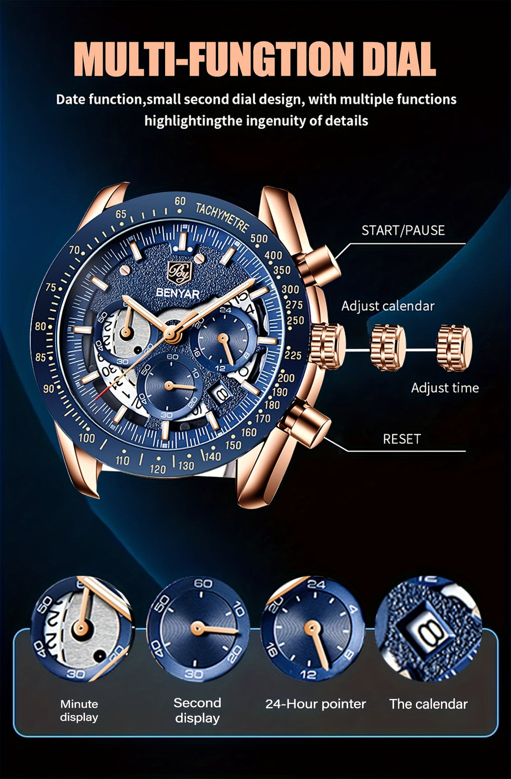 [BENYAR Luminous Chronograph Watch] BENYAR Analog Quartz Chronograph Luminous Watch - Big Face Mens Business Work Sport Casual Fashion Designer Dress Wrist Watch - Elegant Gift For Men