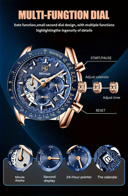BENYAR Watch Men Luminous Chronograph Analog Quartz Big Face Business Sport Casual Fashion Dress Wristwatch Elegant Gift for Men Golden Silver Blue Black