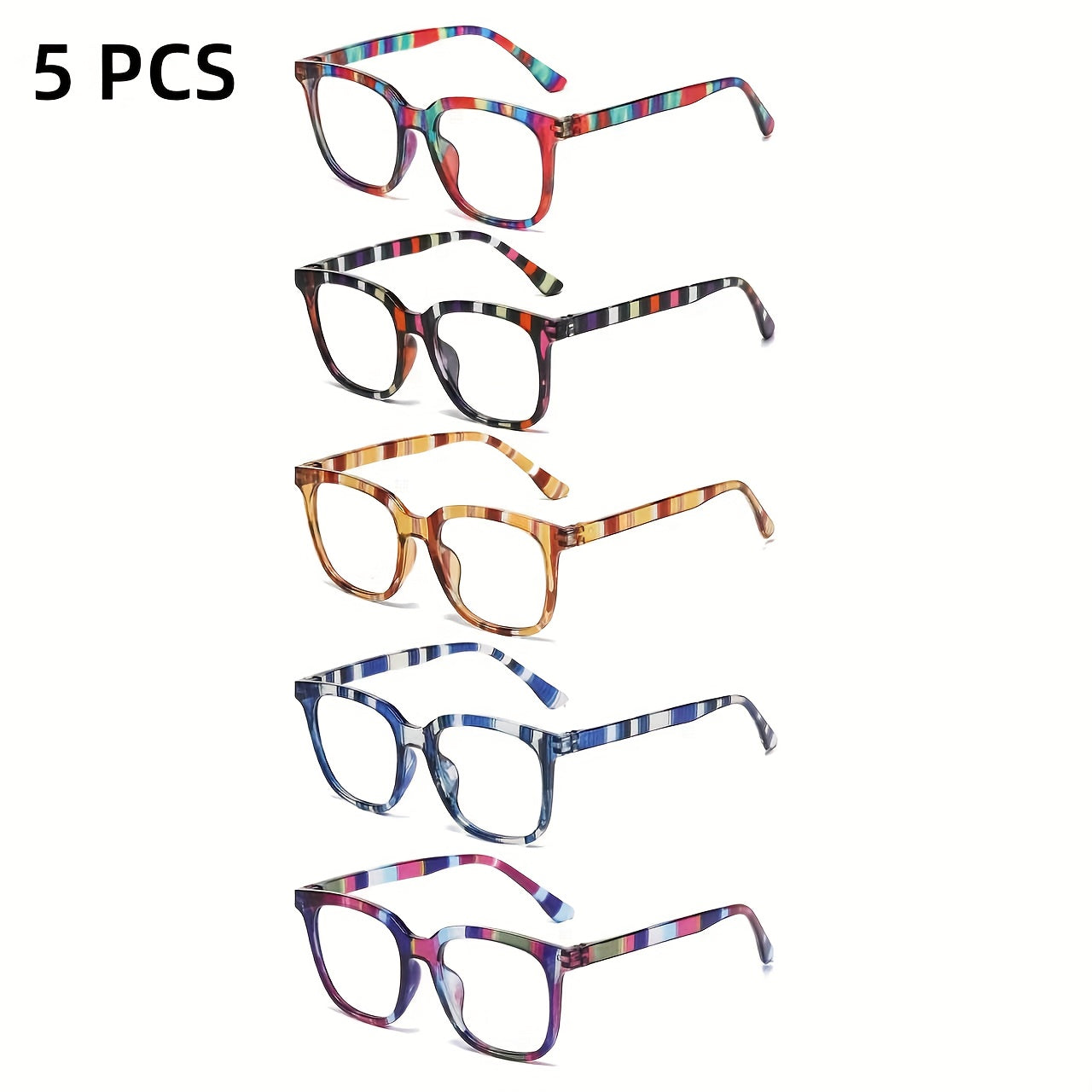 PALESHY 5pcs Rectangular Reading Glasses For Woman, Color-blocking Striped Design, Comfortable And Durable, For Men And Women, Fashionable And Practical, High-quality Lenses, Suitable For Daily Leisure And Office Use.