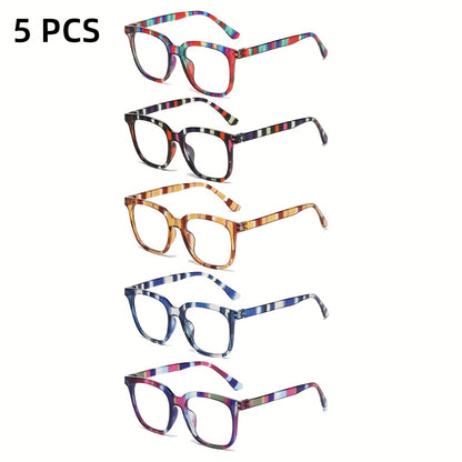 Reading Glasses 5-Pack Rectangular Color-Block Striped Temple Design Unisex Fashionable Comfortable Readers for Men and Women Magnification 1.0x to 4.0x Daily Office Use