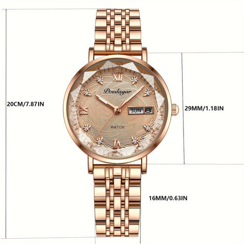 POEDAGAR Women's Rhinestone Quartz Watch — Luxury Rose Gold Stainless Steel Band, Luminous Dial, Calendar Date Display, Elegant Evening Dress Watch