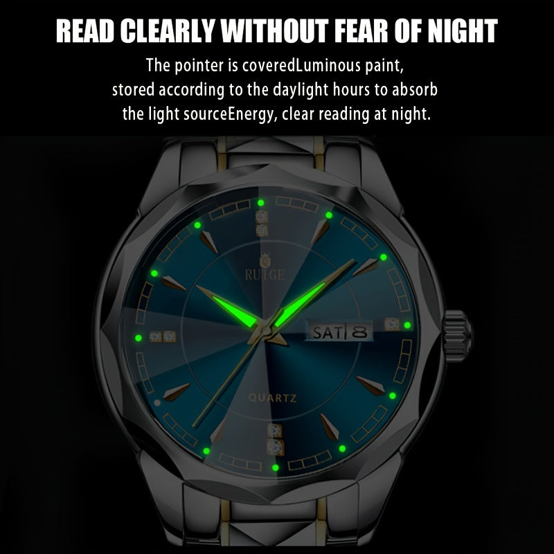 Men's Quartz Watch with Dual Calendar & Night Light | Diamond Shaped Mirror, Stainless Steel Case, Alloy Strap, Business Casual Wristwatch – Ideal Father's Day Gift