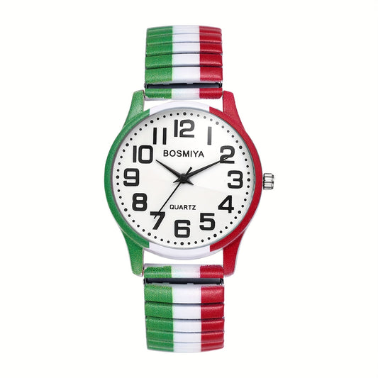Italian Flag Color Stretch Watch for Men & Women - Analog Quartz Wristwatch with Stainless Steel Band, Large Arabic Numerals, Easy-to-Read Dial, Perfect for Seniors & Italy National Day Gifts, Patriotic Accessory | Bold Analog Watch | Clear Numeral Displa