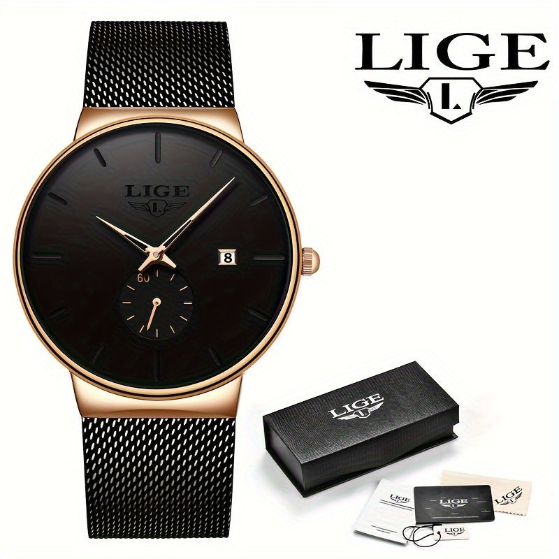 Men's Minimalist Mesh Belt Watch | Stainless Steel Quartz Wristwatch with Calendar & Waterproof Design, Slim Business Casual Dress Watch for Men in Gold, Rose Gold & Blue