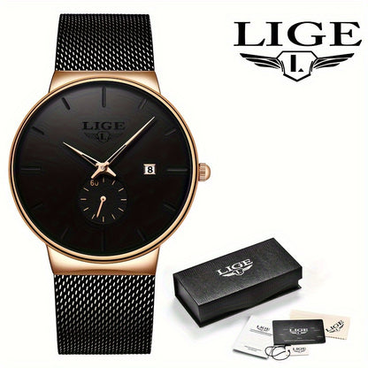 Men's Minimalist Mesh Belt Watch | Stainless Steel Quartz Wristwatch with Calendar & Waterproof Design, Slim Business Casual Dress Watch for Men in Gold, Rose Gold & Blue