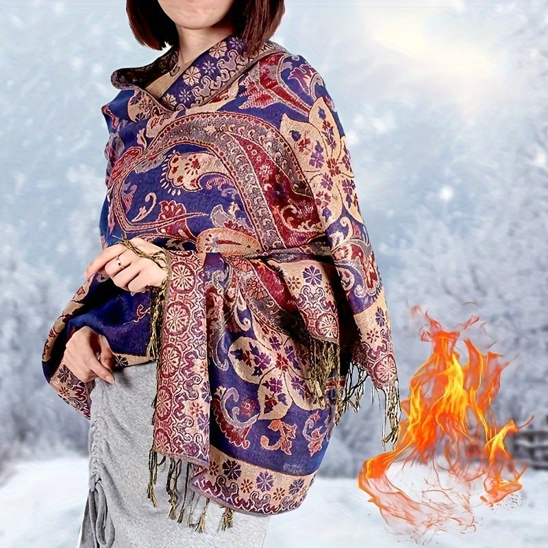 Brightly Colored Paisley Patterned Burgundy Scarf - Cozy, Warm, And Adaptable Neck Wrap Ideal for Travel, Music Festivals, And Daily Fashion - Ethnic-Inspired Shawl with Fringe Accents