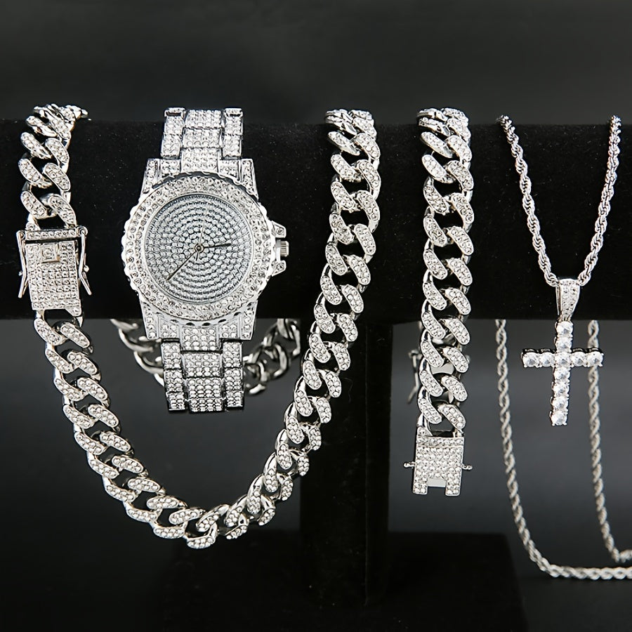 Men's Punk Watch & Jewelry Set 4-Piece – Quartz Watch, Cuban Chain Necklace, Bracelet & Cross Necklace with Rhinestone Details, Bold Gift for Him