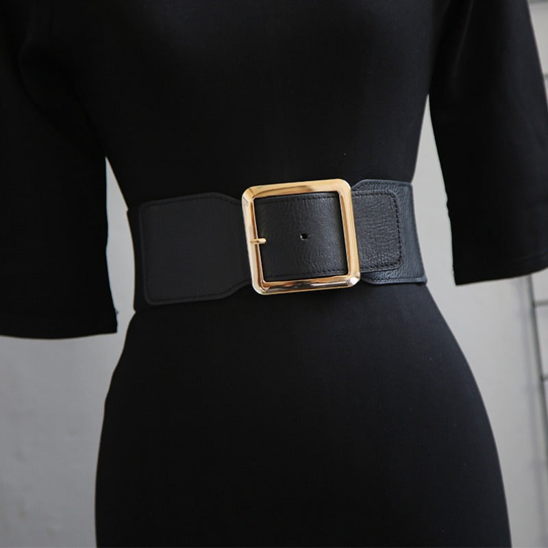 French Style Elastic Waist Belt for Women - Minimalist Square Buckle Stretchy Waistband, Elegant Chic Fashion Belt for Daily Commute Gatherings Parties Gift One Size Black