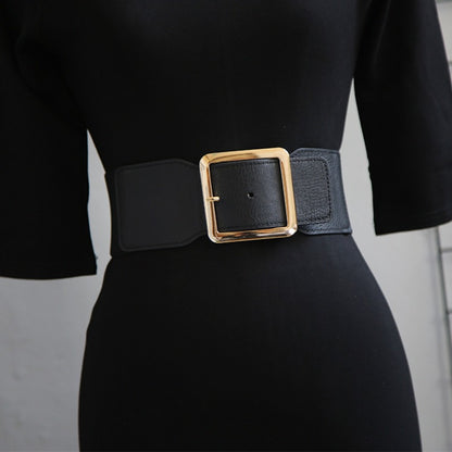 French Style Elastic Waist Belt for Women - Minimalist Square Buckle Stretchy Waistband, Elegant Chic Fashion Belt for Daily Commute Gatherings Parties Gift One Size Black