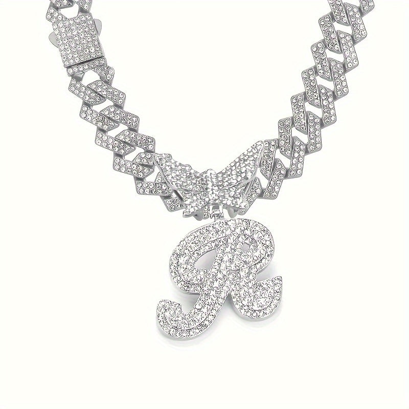 Cuban Link Chain Necklace - Initial Letter for Men Women - with Butterfly Alphabet Pendant A-Z, Gold & - product detail view