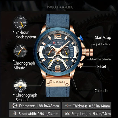 CURREN Watch Men Business Chronograph Faux Leather Strap Analog Quartz Date Stopwatch Wristwatch Blue Black Gold Rose Gold Brown Multi-Color
