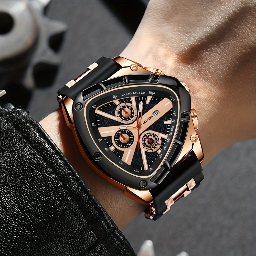 [Valentine's Father's Day Gift] 2pcs/set Luxury Sports Mens Watches For Men With Triangle Dial & Silicone Strap, Chronograph-like, Retro Square Dial & Faux Leather Starp Men Watches, Date Display, Dress Watch For Casual, Valentine's Father's Day Gift, Rel