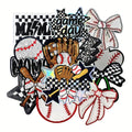 Set of 13 Baseball-Themed Sequin Embroidered Patches, Featuring a Sporty Style with Checkered Patterns, Stars, Bows, Baseball Gloves, And Bat Designs. Perfect for Fashion, Bags, And Decorations