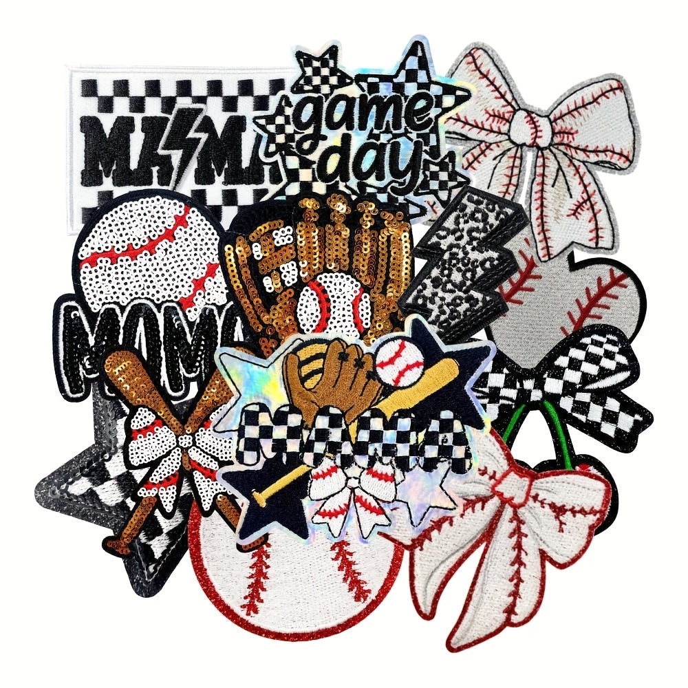 Set of 13 Baseball-Themed Sequin Embroidered Patches, Featuring a Sporty Style with Checkered Patterns, Stars, Bows, Baseball Gloves, And Bat Designs. Perfect for Fashion, Bags, And Decorations