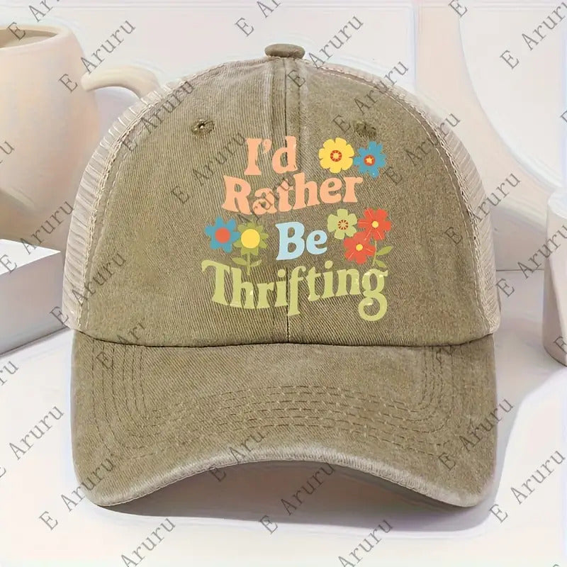 1pc Vintage Washed 'I'D Rather Be Thrifting' Printed Baseball Cap- Fashionable Outdoor Sports Sun Hat Ideal Gift with Adjustable Strap- Breathable Mesh Back