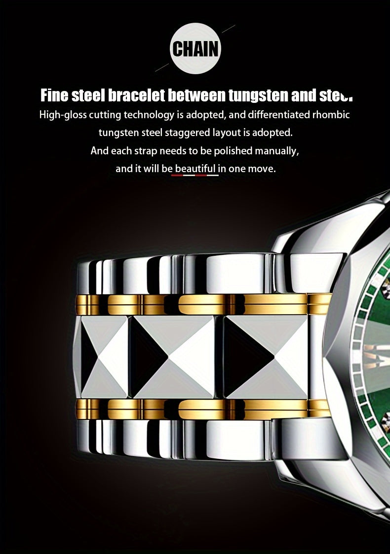 Luxury Sports Watch Men Stainless Steel Luminous Calendar Day Display – Quartz Wristwatch Fashion Casual Timepiece Gift for Men, Blue Green