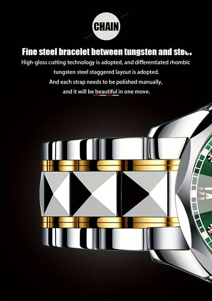 Luxury Sports Watch Men Stainless Steel Luminous Calendar Day Display – Quartz Wristwatch Fashion Casual Timepiece Gift for Men, Blue Green