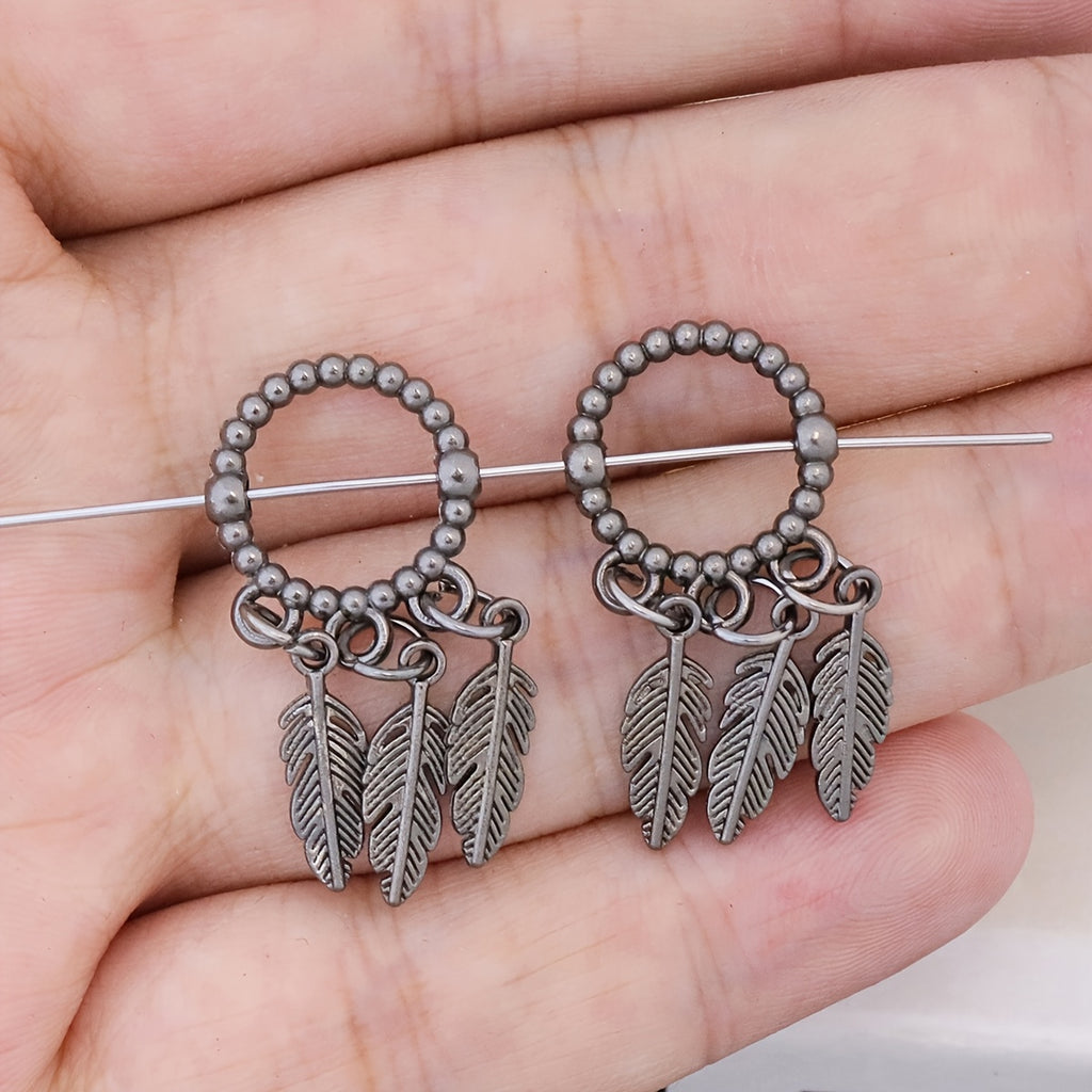 14/42pcs Of Delicate Zinc Alloy Material In Circular Shape with Feather Pendant Design, Antique Silvery Fashionable Creative Bead Frame, Suitable for Necklace, Bracelet, Anklet And Other Accessory Materials, Anklet Crafting Elements, Bracelet
