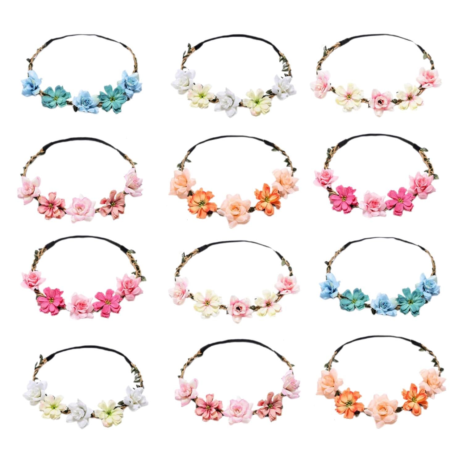 12pcs Bohemian Chic Floral Crown Headbands, Floral Crown Headbands, Adjustable Tiaras for Women, Perfect Wedding Bridal Bridesmaid Headdress Hair Accessories for Formal Occasions, Great for Birthday Gifts, Party, Christmas Gifts