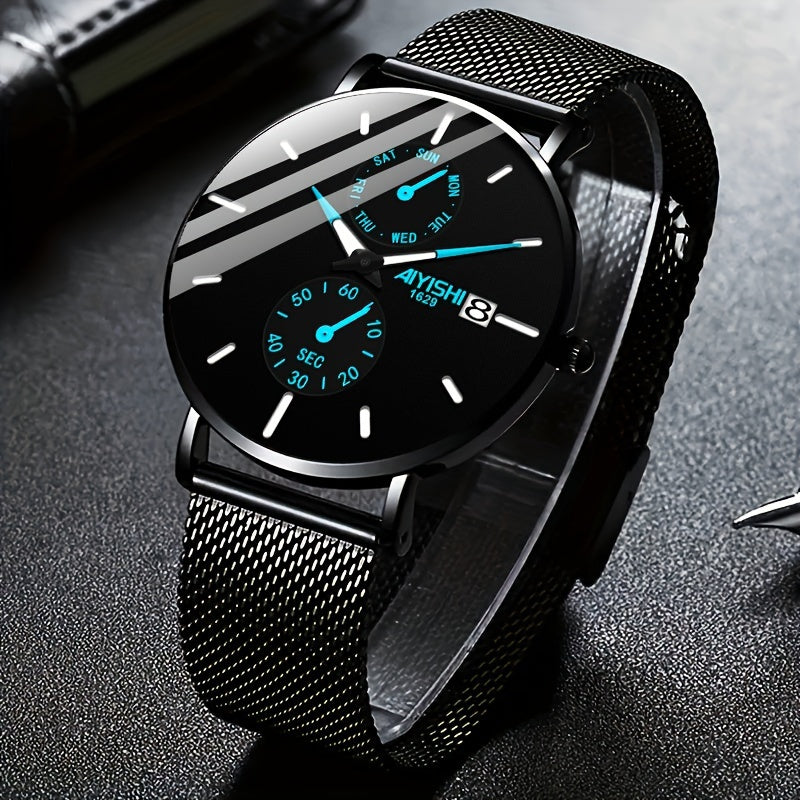 Men's Quartz Watch Stainless Steel Mesh Strap with Gift Box, Modern Slim 14mm Case Fashion Wristwatch with Color Accent Dial, Available in Black Red & Black Blue