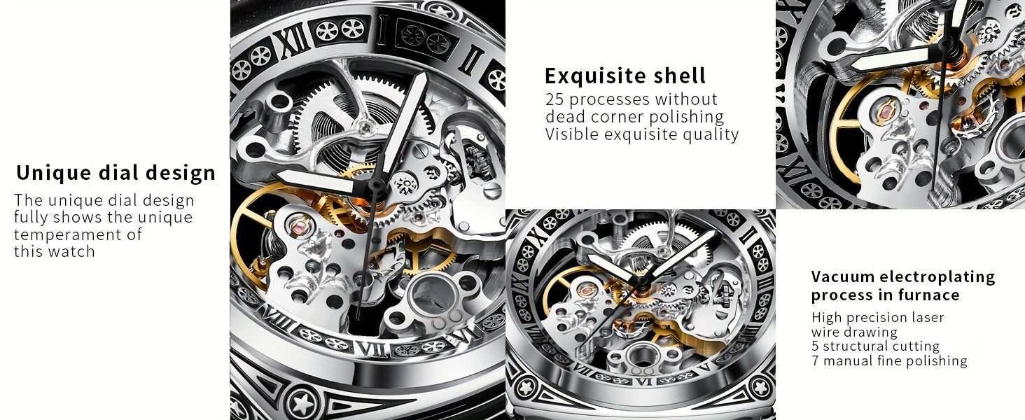 GLENAW Carved Automatic Watches for Men, Retro Tattoo Skeleton Self-Winding Mechanical Watch Men's Automatic - 3 ATM Waterproof, Luminous Hands, Skeleton Dial, Ideal for Everyday Wear and Formal Occasions