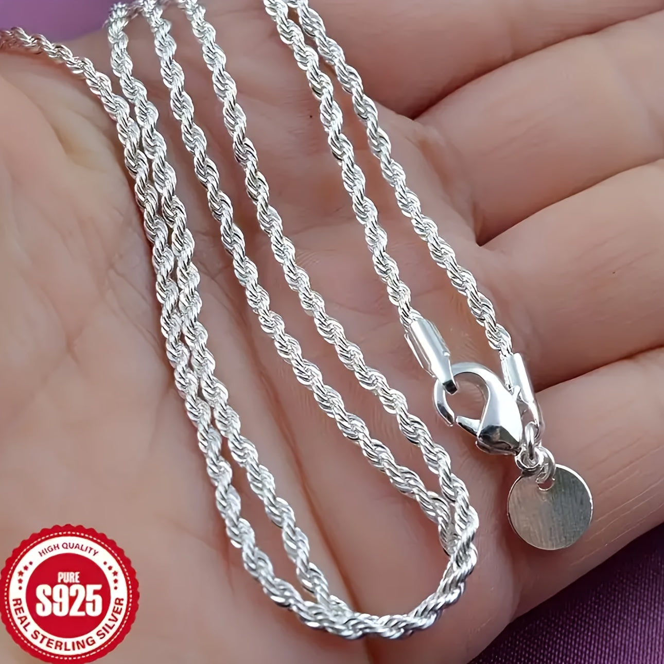 925 Sterling Silvery Twisted Rope Chain Necklace, Minimalist Hip-Hop Style, Elegant Women's Jewelry Accessory, February Birthstone, Valentine's Day Gift, Suitable for Casual Attire in All Seasons