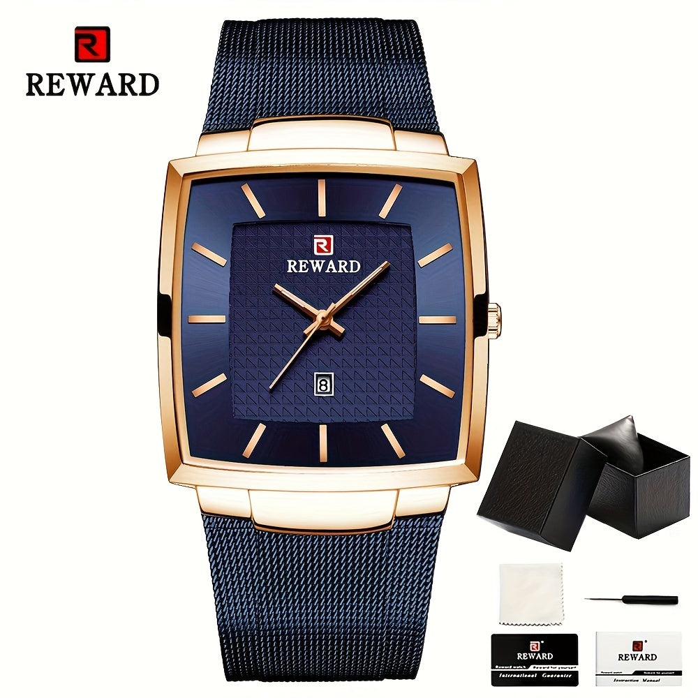 Men's Square Blue Dial Luxury Quartz Watch – Stainless Steel Strap, Luminous Hands, Date Display, Zinc Alloy Case Wristwatch for Men