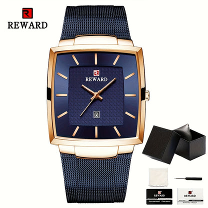 Men's Square Blue Dial Luxury Quartz Watch – Stainless Steel Strap, Luminous Hands, Date Display, Zinc Alloy Case Wristwatch for Men