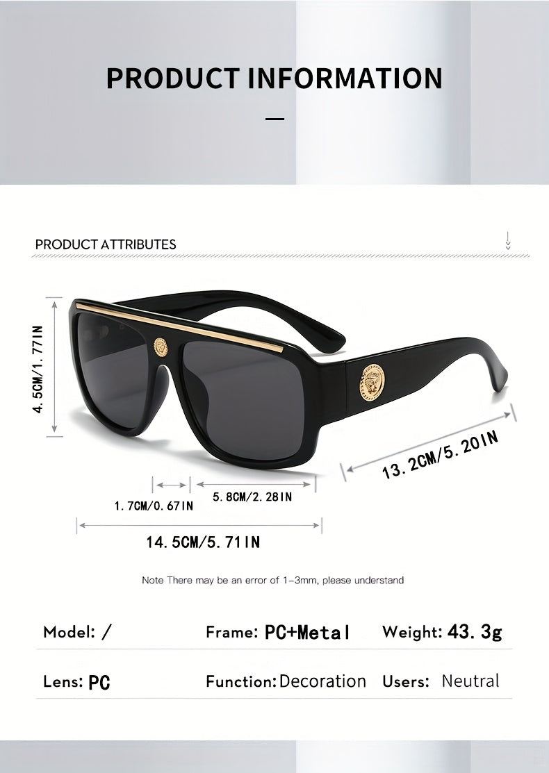 Men's Cyberpunk Square Fashion Eyewear - Extra Large Frame (>139mm), Lightweight Eyewear with Black and Golden Metal Trim, Over-the-Counter Decorative Lenses for Daily and Special Occasions - Futuristic Eyewear Street Fashion, Cosplay