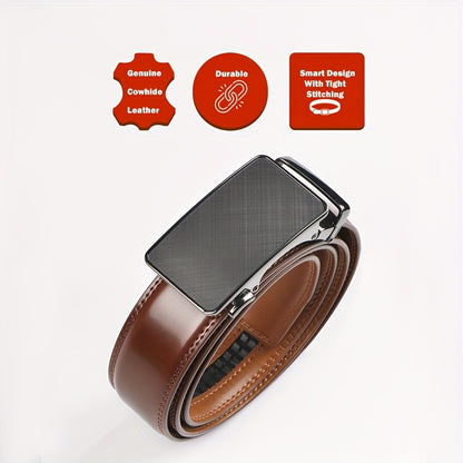 Men's Leather Belt Automatic Buckle Ratchet Belt - Adjustable Trim-to-Fit No Hole Dress Belt for Business Casual Formal Wear, Black & Brown, 110-130cm
