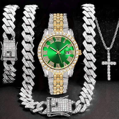 Men's Watch & Jewelry Gift Set 4pcs - Luxury Gold Quartz Watch with Rhinestone, 14mm Cuban Chain Necklace, Bracelet & Cross Pendant, Perfect Birthday Father's Day Wedding Gift for Men