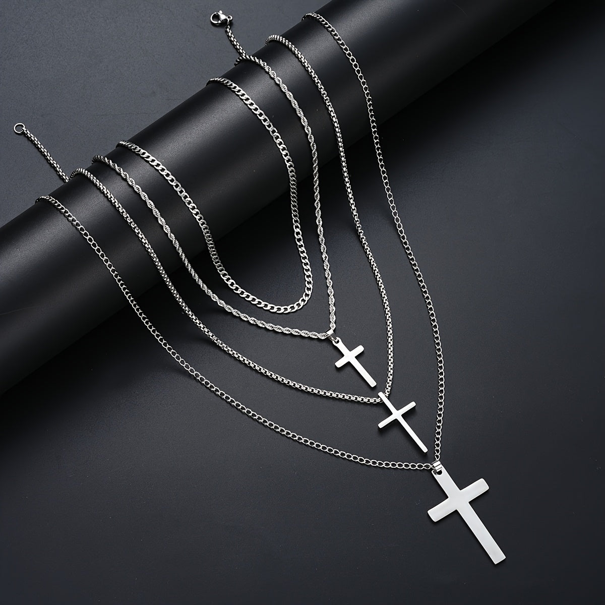 Cuban Link Chain Necklace Set 4pcs for Men - Stainless Steel Cross Pendant Twisted Chain, Hip Hop Streetwear Style, Casual Vacation Date Party Accessory, Silver Tone Gift