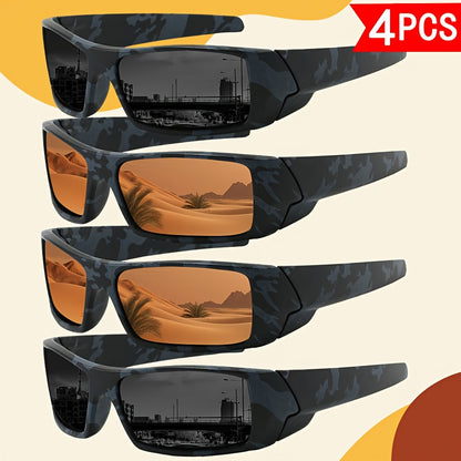 Polarized Sports Sunglasses 4 Pack – HD Lenses Cross Frame Design for Men, Camouflage & Solid Color Combos, Multi-Light Condition Eyewear, Outdoor Driving Cycling Fishing Set