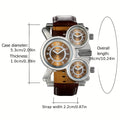 Men's PU Leather Strap Watch with  Trendy Three-Time Zone Function Dial, Dark Coffee Color