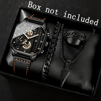 Square Watch for Men Vintage Faux Leather Strap Quartz Analog Wristwatch Polygon Dial Business Casual Sport Watch Father's Day Gift Set 1pc or 4pcs