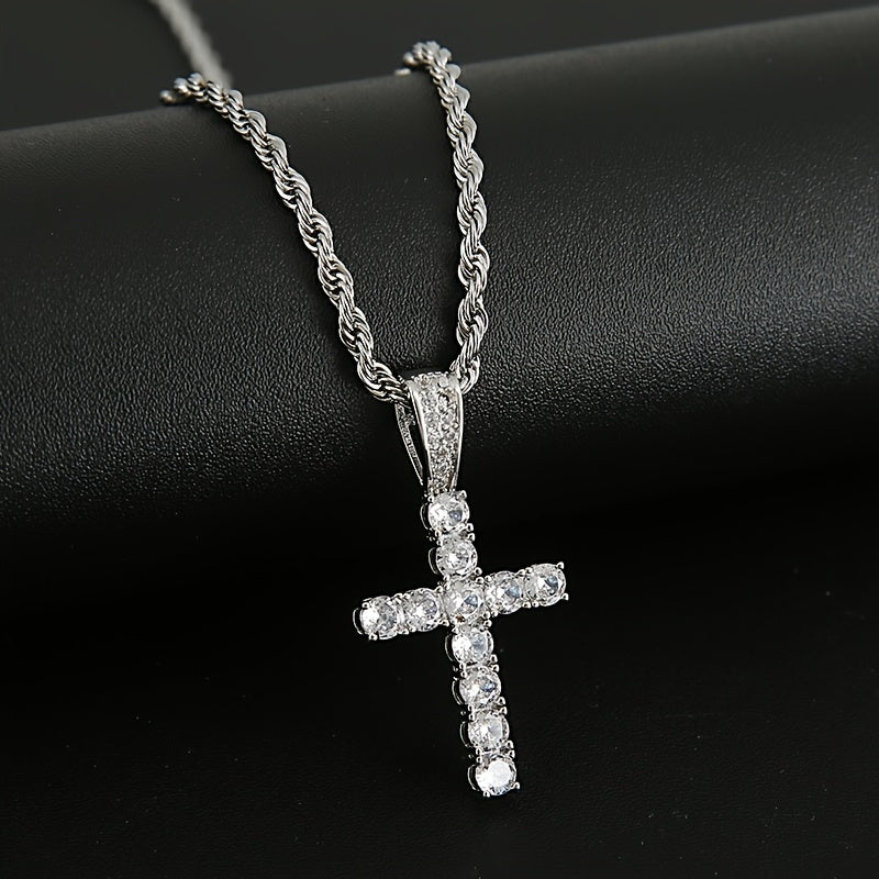 Men's Punk Watch & Jewelry Set 4-Piece – Quartz Watch, Cuban Chain Necklace, Bracelet & Cross Necklace with Rhinestone Details, Bold Gift for Him