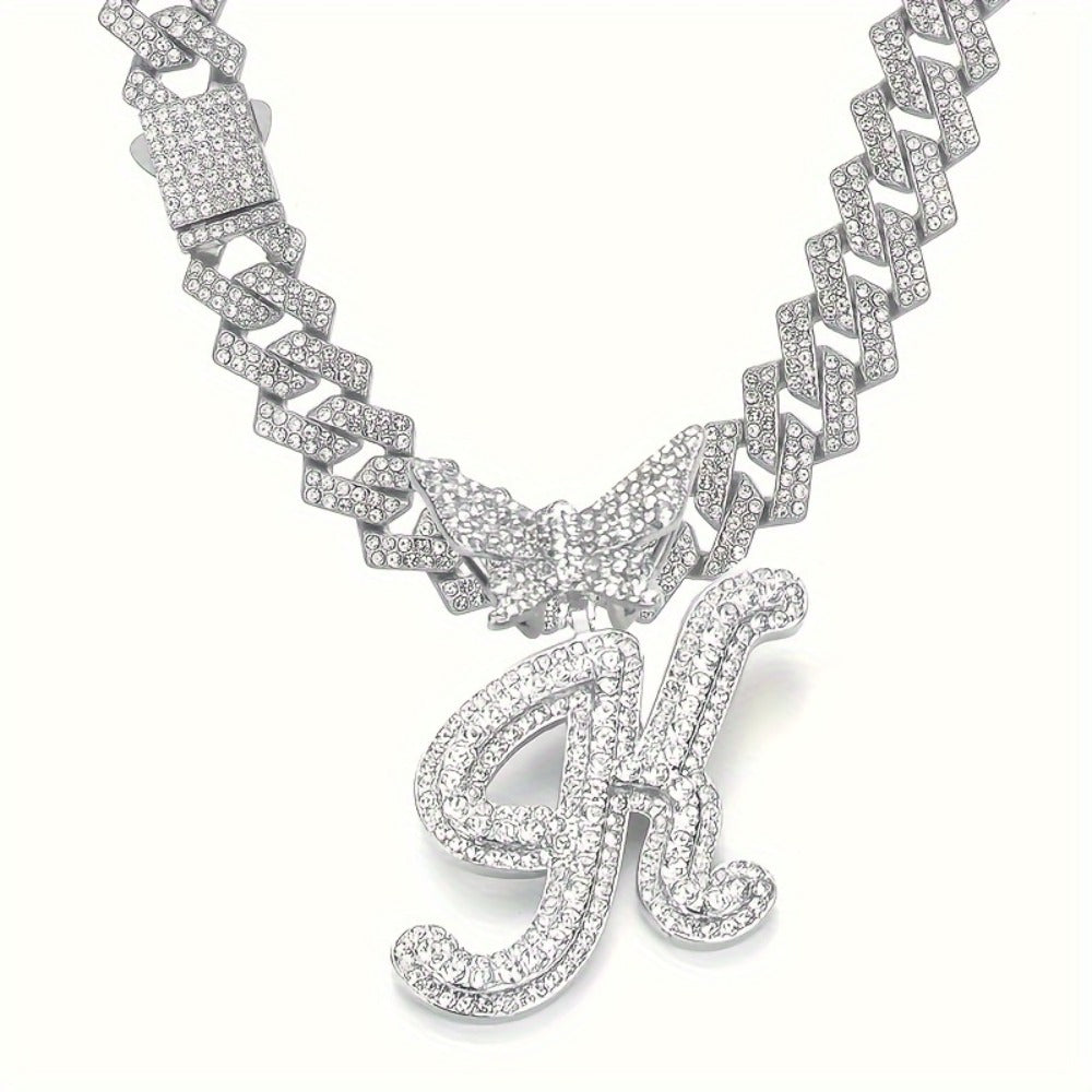 Cuban Link Chain Necklace - Initial Letter for Men Women - with Butterfly Alphabet Pendant A-Z, Gold & - product detail view
