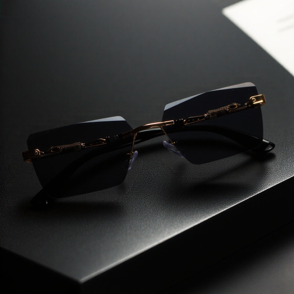 Luxury Frameless Sunglasses Gold Frame Leopard Arms UV400 – Narrow Rectangular Lens Rimless Eyewear for Men Women, Driving Travel Party, 5 Lens Options, Includes Case & Cloth