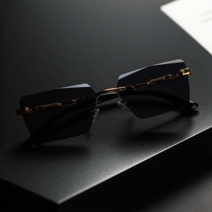 Luxury Frameless Sunglasses Gold Frame Leopard Arms UV400 – Narrow Rectangular Lens Rimless Eyewear for Men Women, Driving Travel Party, 5 Lens Options, Includes Case & Cloth