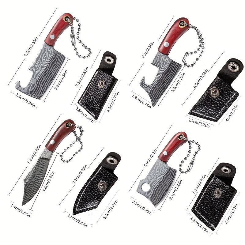 10pcs Random Premium Mini Knife Keychain Set (5 Knives And 5 Knife Sets), Damascus Pattern Pendant Blade, with Leather Cover, Stainless Steel, Non-Foldable, Straight Back, Flat Blade, Lightweight, Luxury Portable EDC Pocket Tool