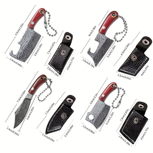 10pcs Random Premium Mini Knife Keychain Set (5 Knives And 5 Knife Sets), Damascus Pattern Pendant Blade, with Leather Cover, Stainless Steel, Non-Foldable, Straight Back, Flat Blade, Lightweight, Luxury Portable EDC Pocket Tool