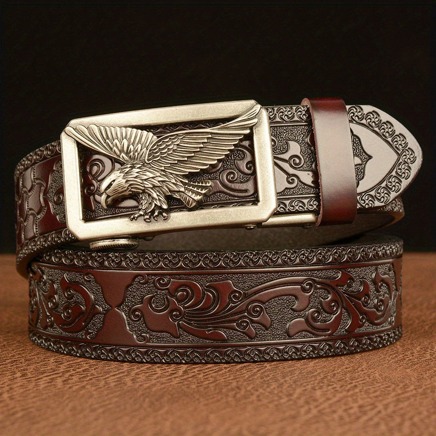 POYYAS Men' & Women' Genuine Leather Belt with Eagle Buckle - Retro Western Cowboy/Buckle Belt Suitable for Men & Women, Adjustable Strap, Durable Casual/Formal Wear for Festive Occasions (Father' Day Gift)